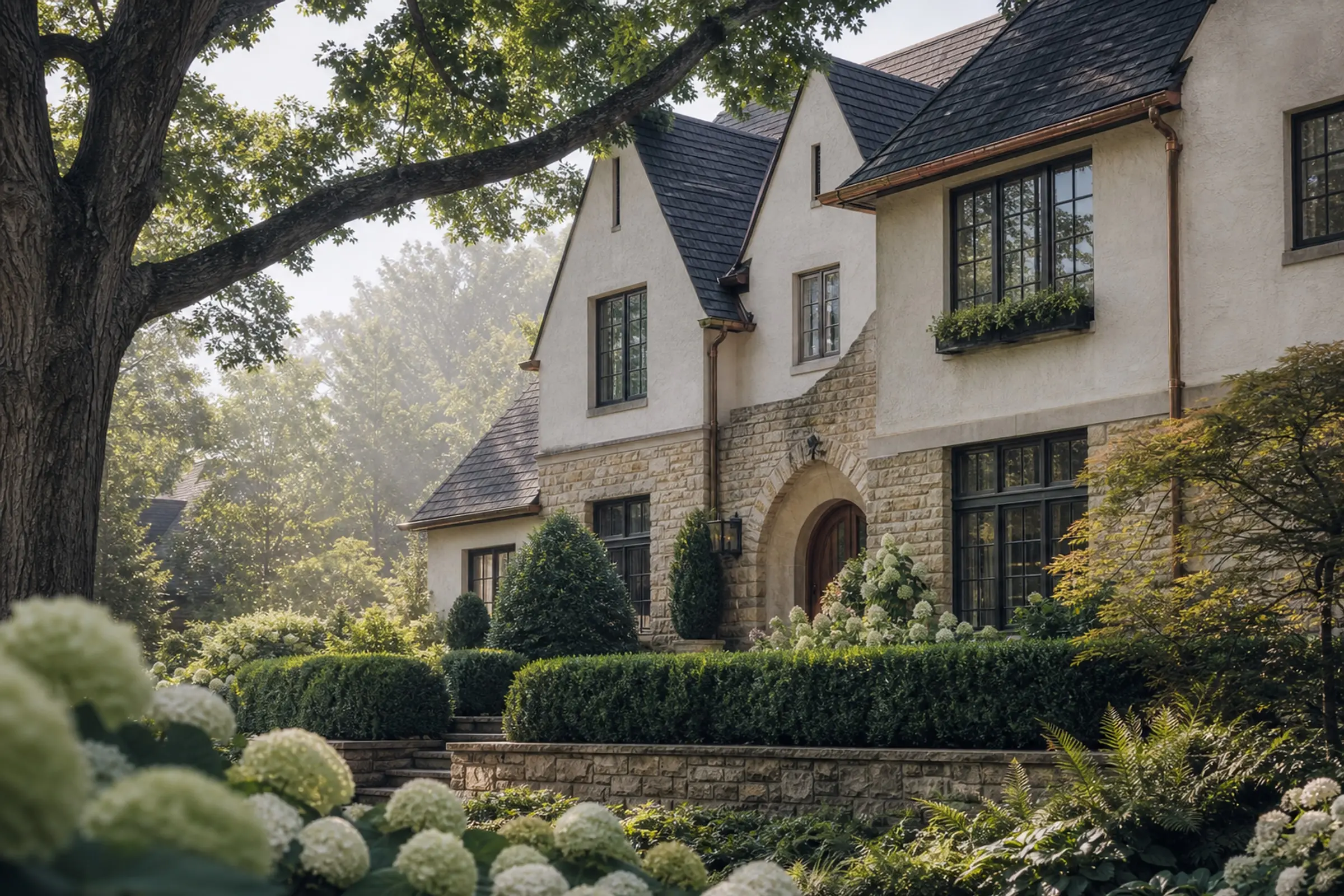 Cotswold-influenced stone and stucco home beneath a mature Upper Arlington-style oak canopy (concept image)