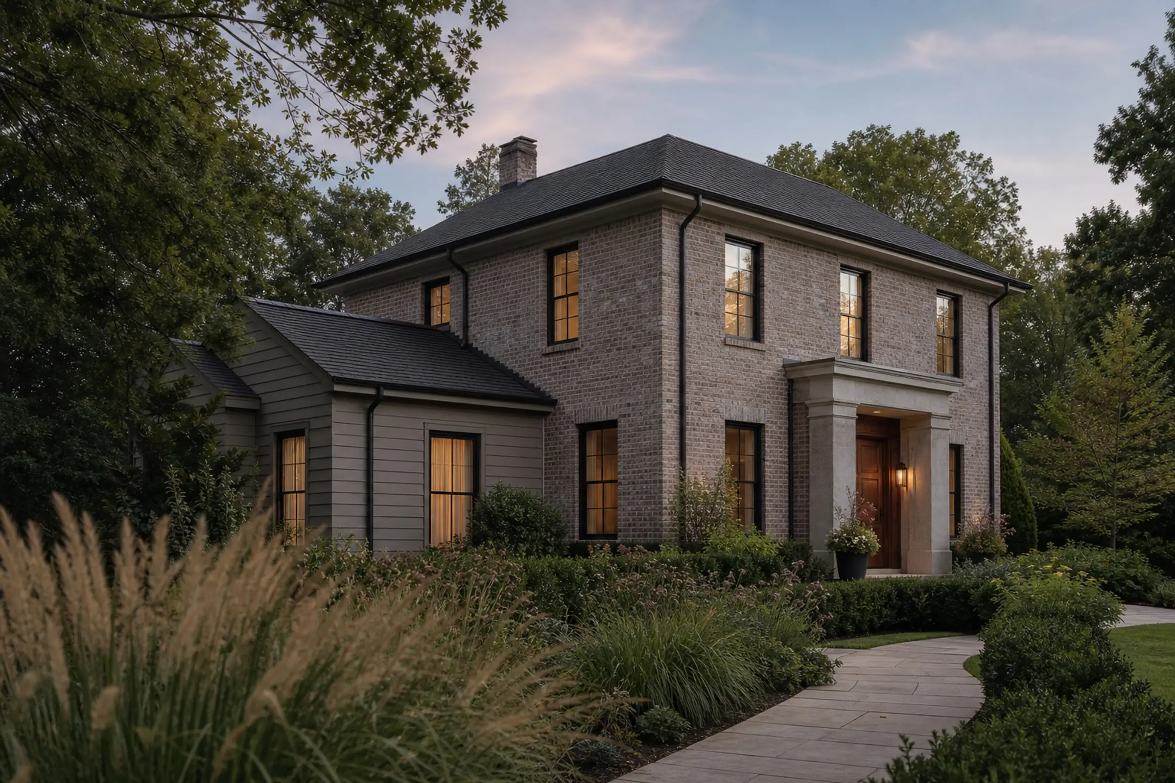 Warm taupe brick and greige siding exterior with dark windows, roof, and gutters — representative concept image