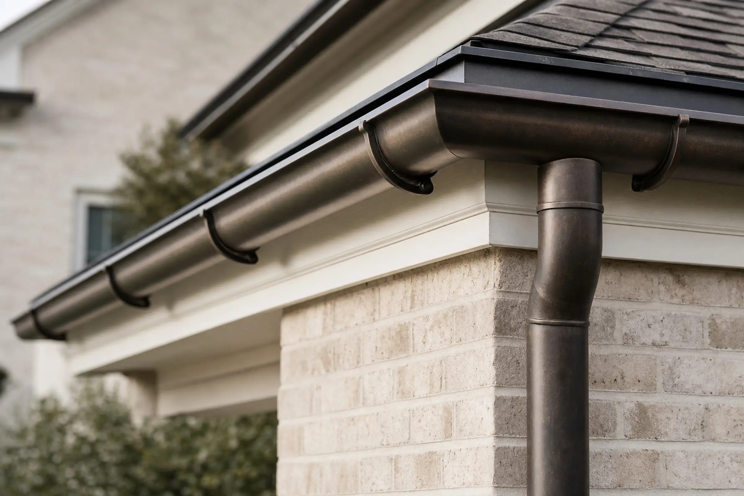 Aged-bronze half-round gutter and round downspout at a pale-brick eave — representative concept image