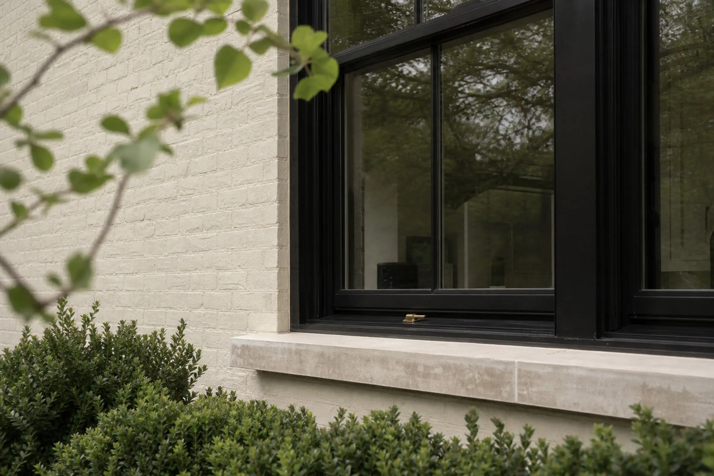 Dark window assembly set in painted brick with a limestone surround — representative concept image