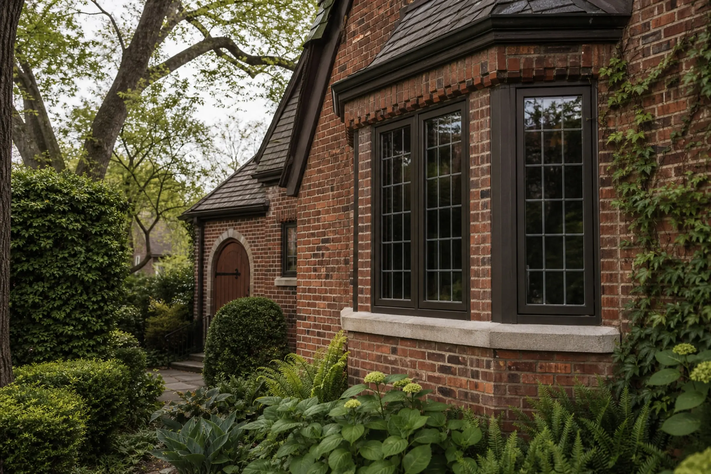 Dark divided-light window bay set into a compact 1920s red-brick Tudor garden wall (concept image)