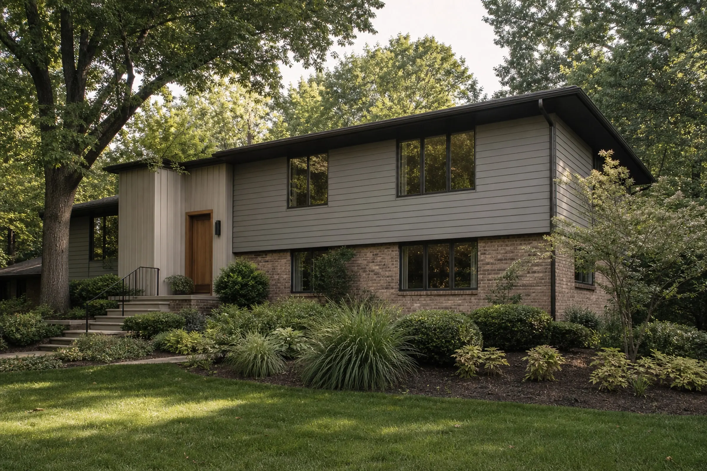 Updated split-level balancing mushroom-gray lap siding with a restrained board-and-batten entry (concept image)
