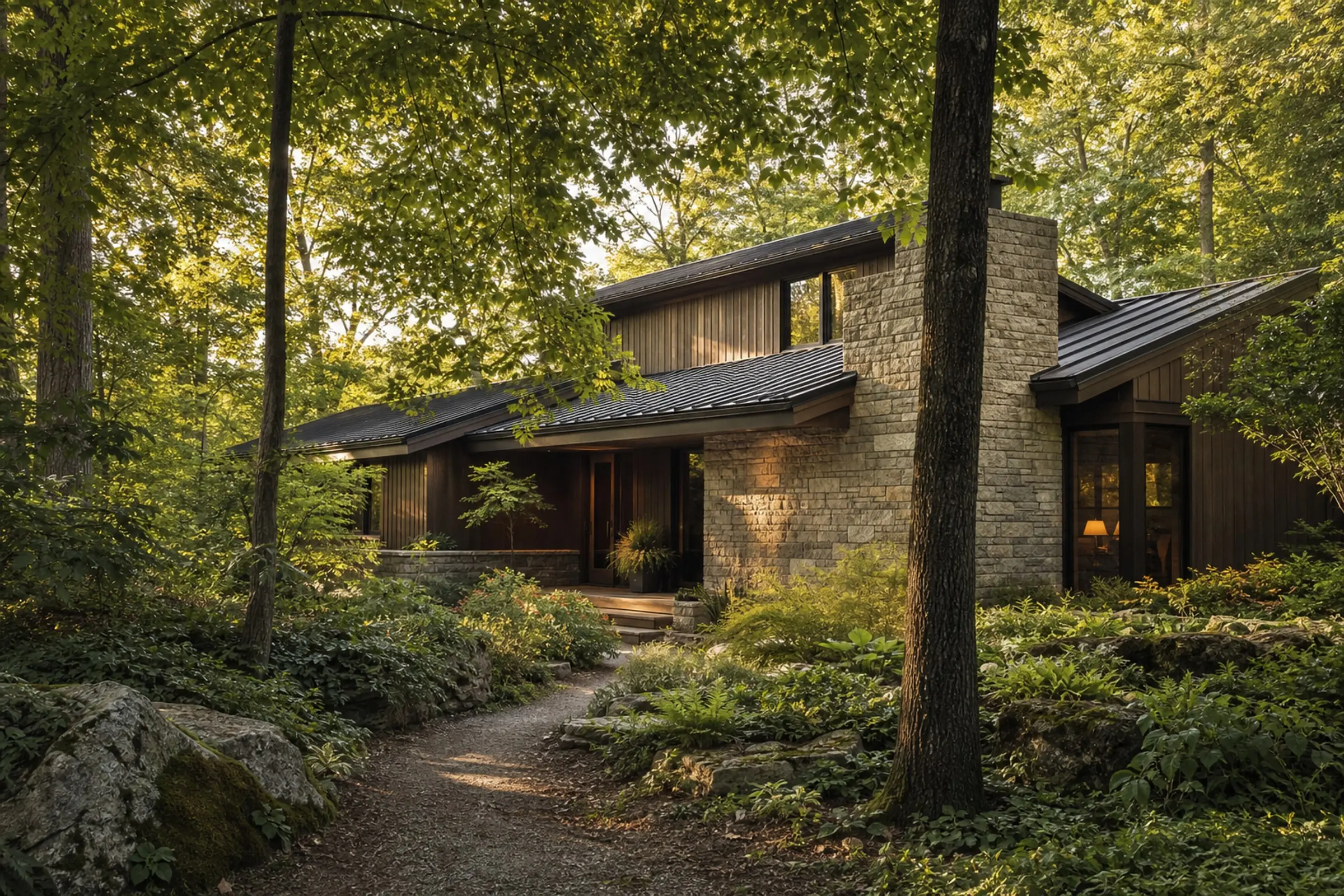 Warm cedar and Ohio limestone contemporary home tucked into a mature woodland garden (concept image)